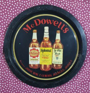 tin, tray, mc, dowells, whiskey, indian, vintage, item, mcdowells, drunk