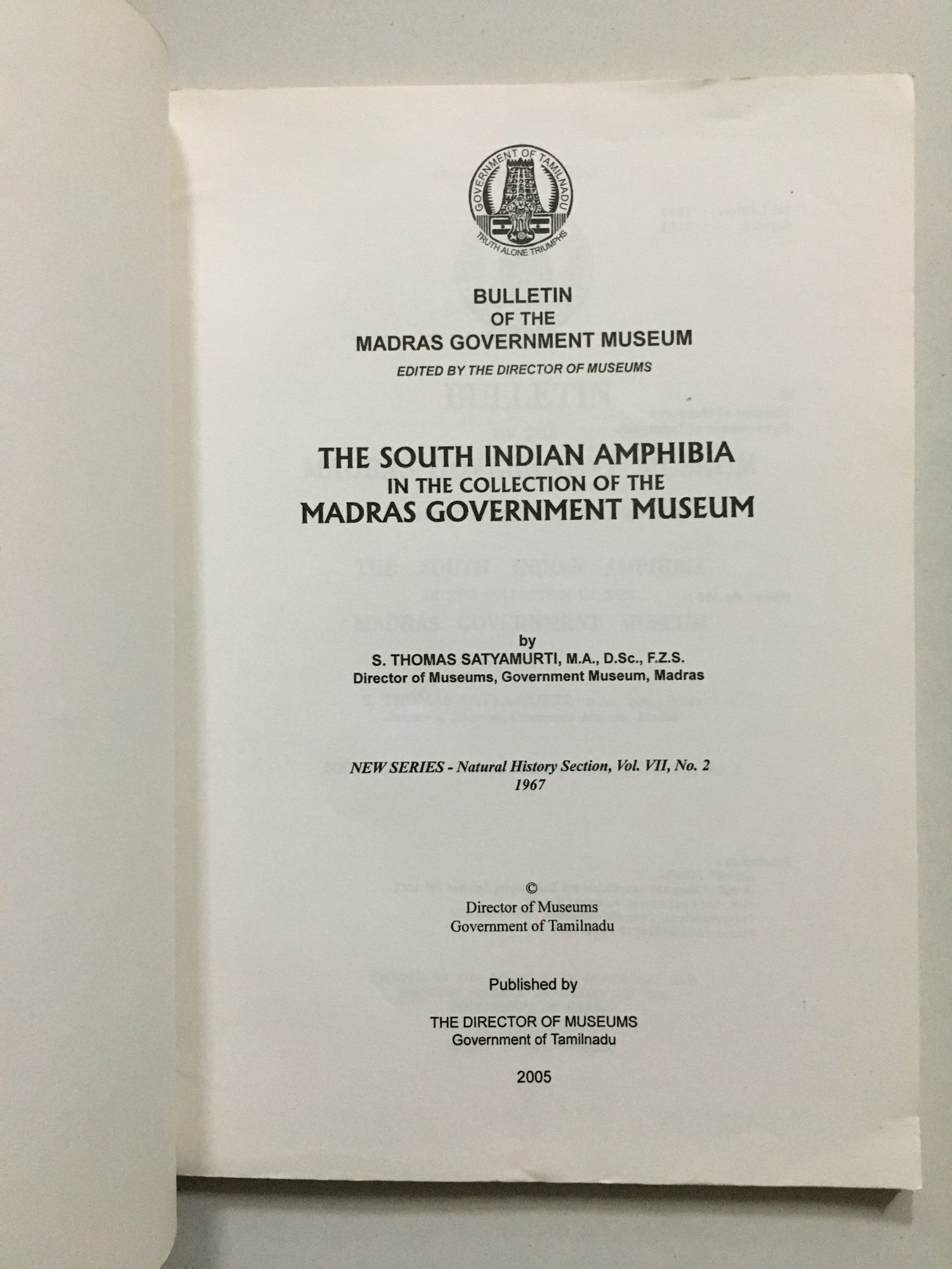 Satyamurti, S. Thomas: The South Indian Amphibia In The Collection Of The Madras Government Museum. - Image 2