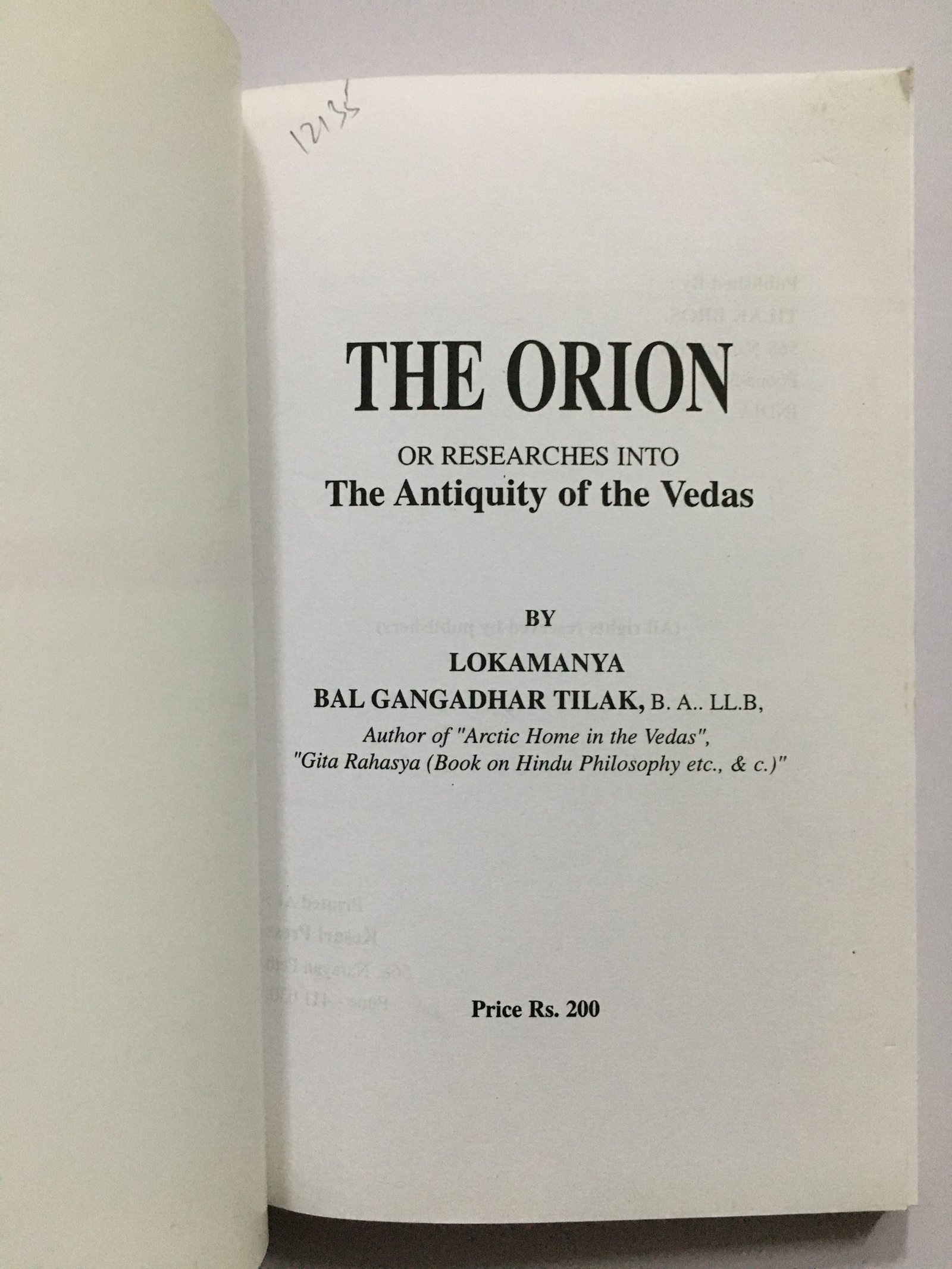 Tilak, B. G: The Orion Or Research Into The Antiquity Of The Vedas. - Image 2