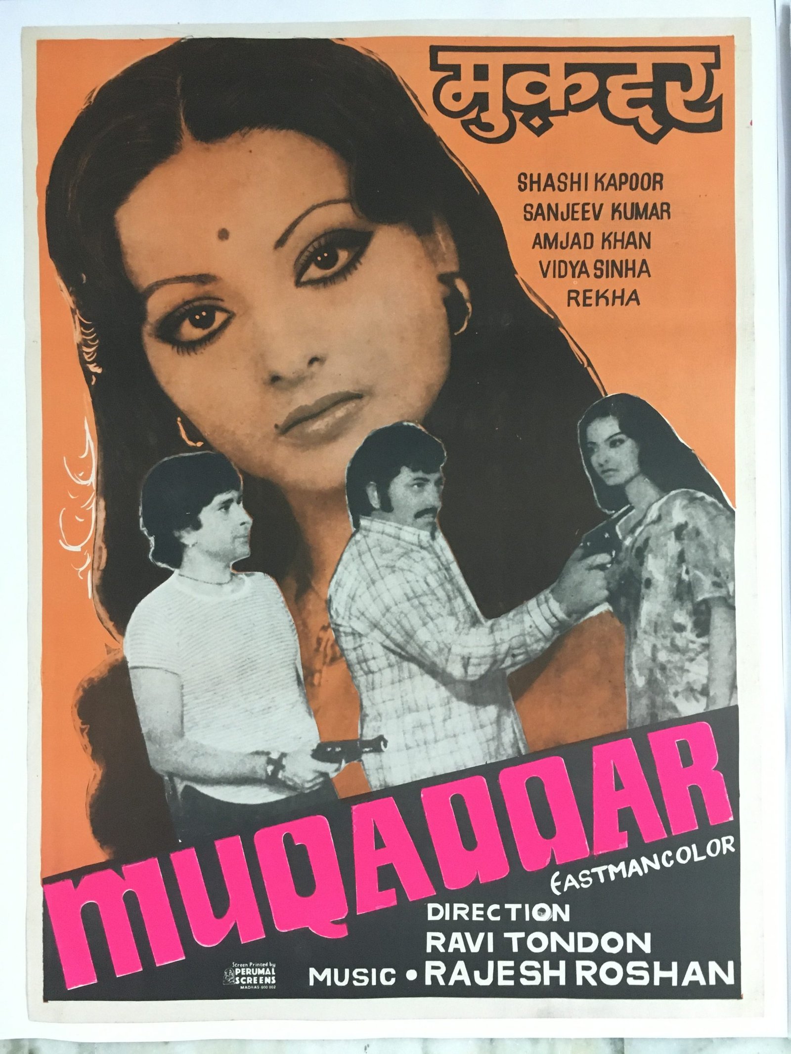 1978 Bollywood Poster MUQADDAR Shashi Kapoor Rekha 30in x 40in